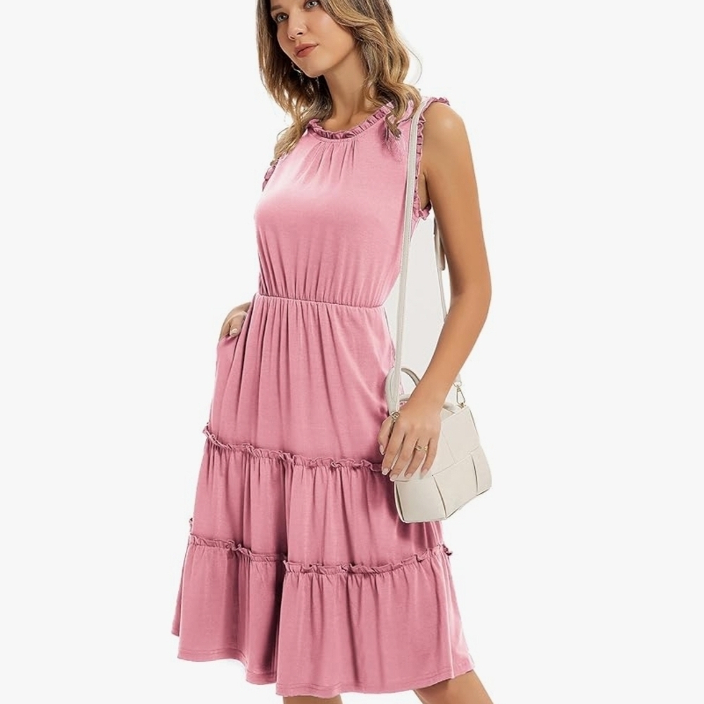 Chic Pink Ruffle Midi Dress - Picture 2 of 2